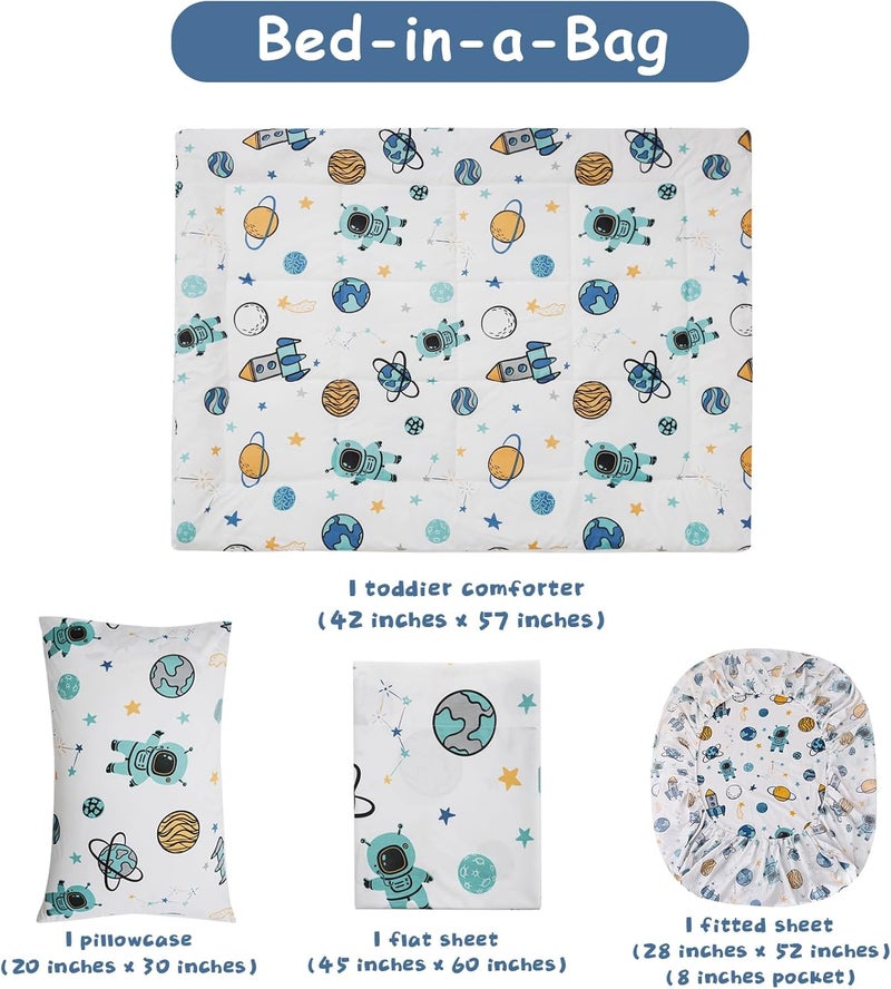 JSD Blue Astronaut Toddler Bedding Set, 4 Piece Space Theme Rocket Bed-in-a-Bag Toddler Comforter Sheet Set, Machine Washable - Image 4